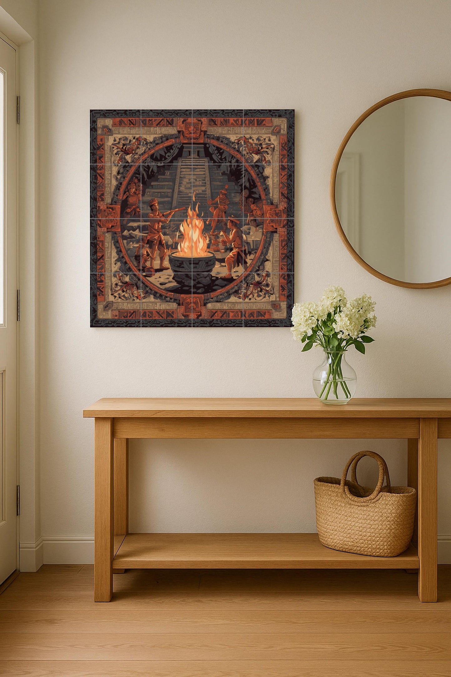 Ceremonia des Fuego Maya — Fliesen-Wandbild aus Keramik · Landhausküchen-Kunst