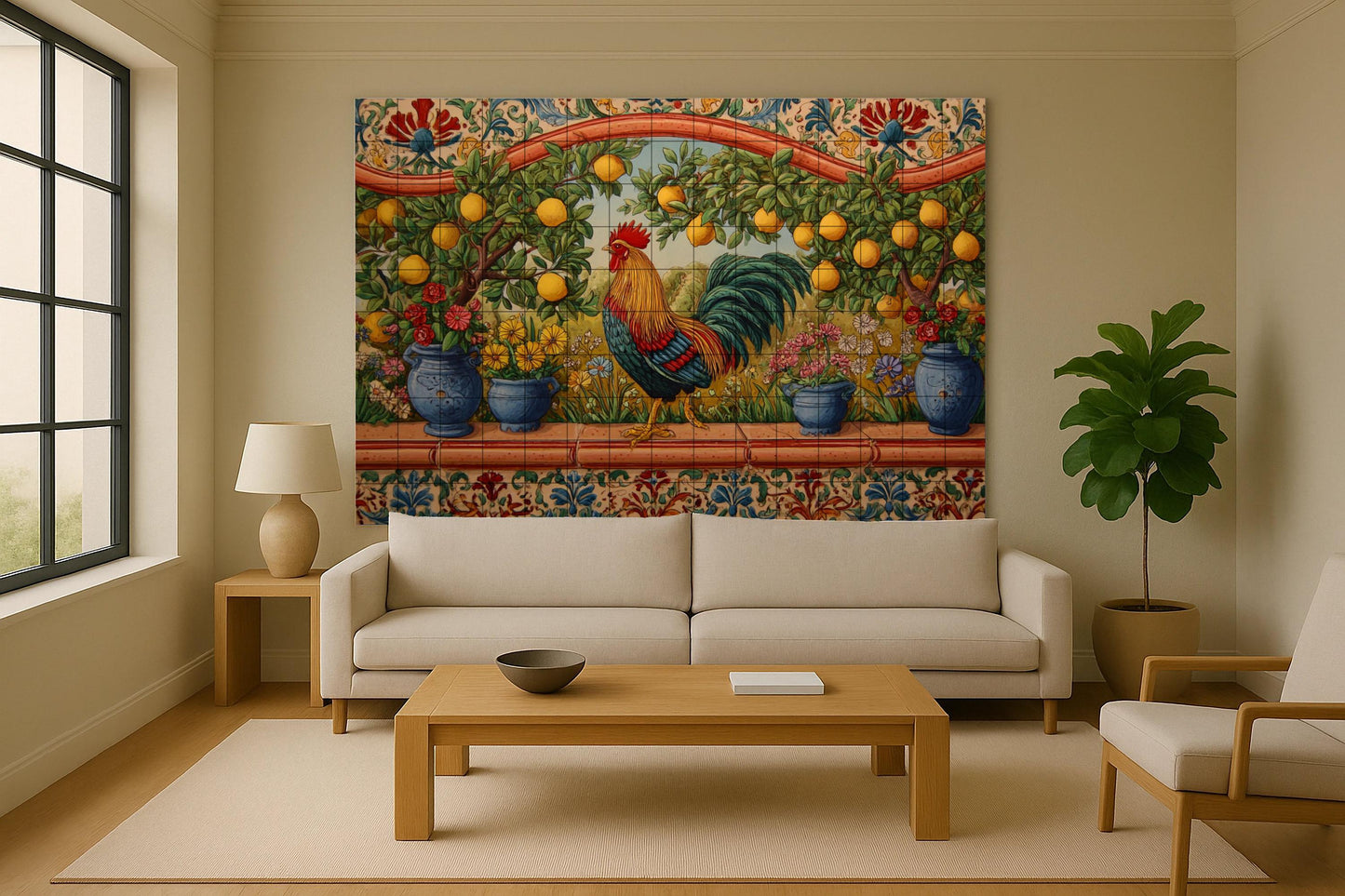 Hahn · Keramik-Wandbild — Natur-Wandkunst