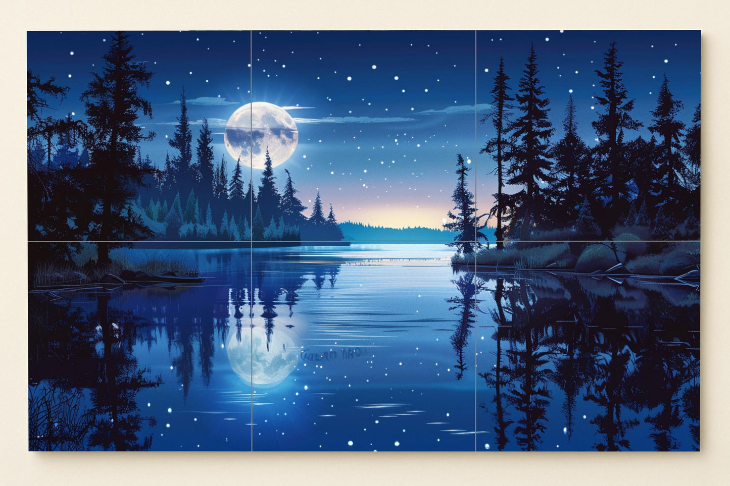 Mural de azulejos con lago y bosque iluminado por la luna