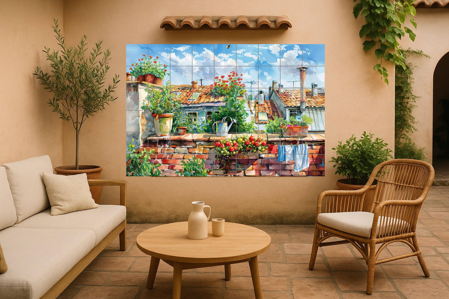 Méditerranéen en azotea · Fresque Céramique — Fleurs et Paysages