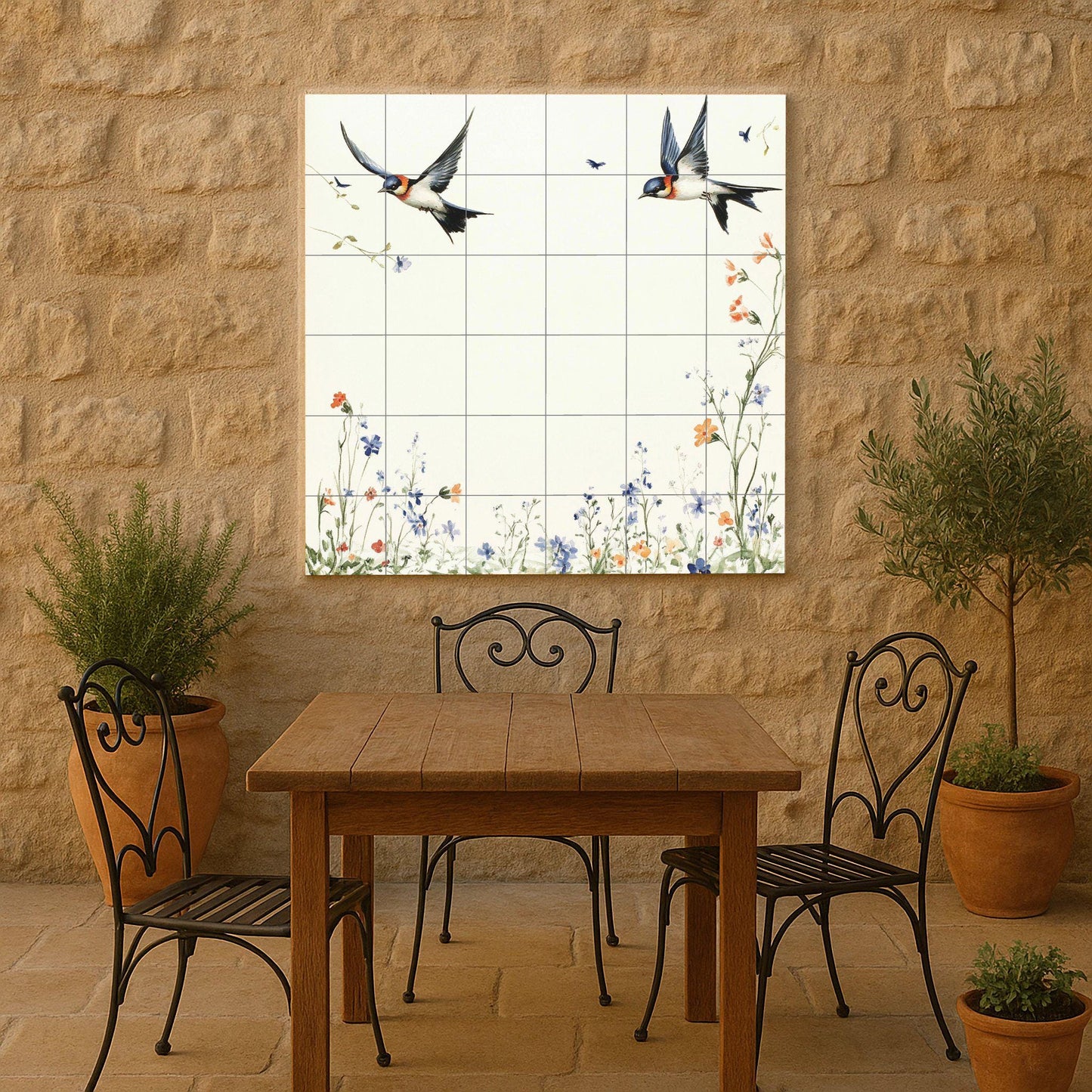 "Schwalben von Frühling — Fliesen-Wandbild aus Keramik · Botanische Landschaft