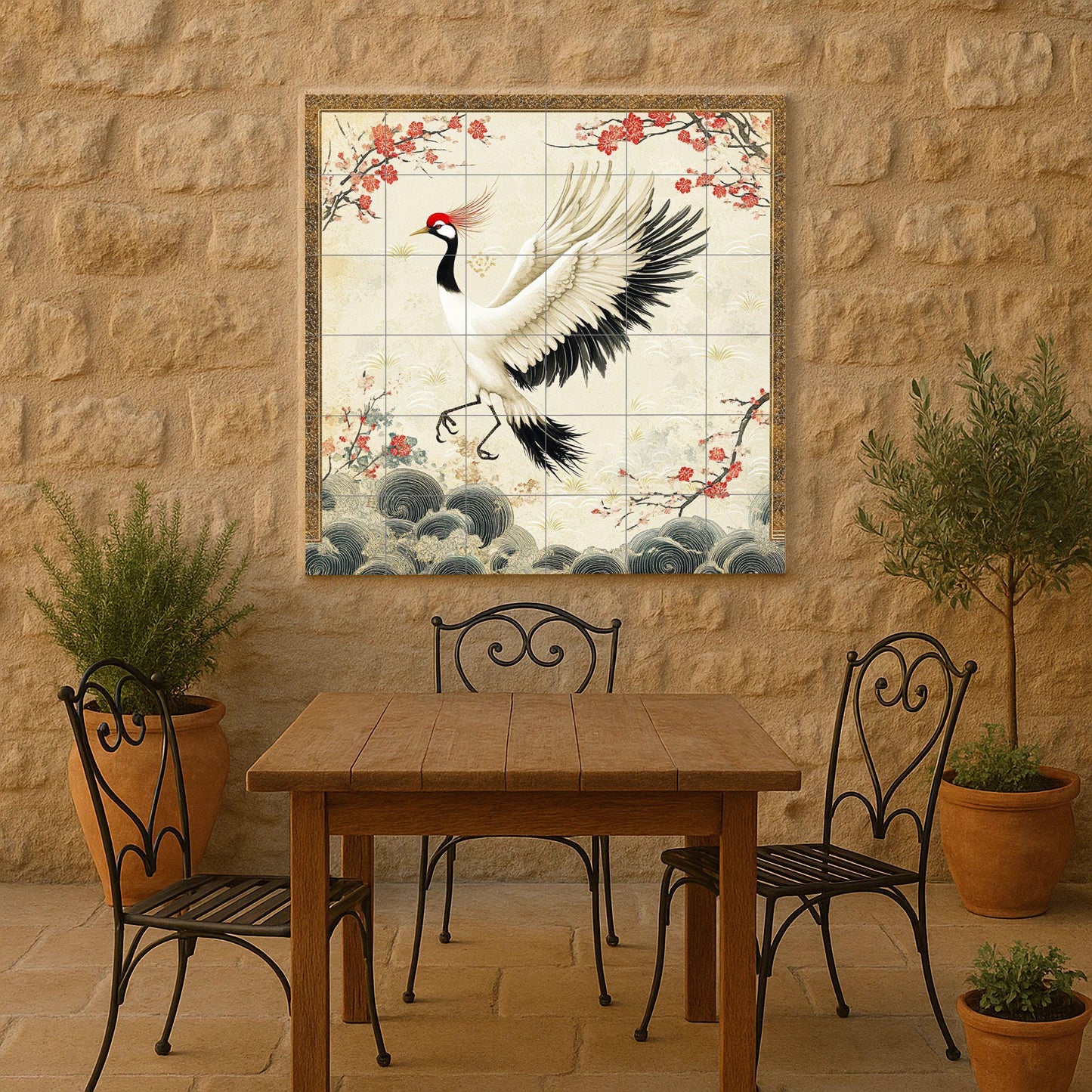 Grulla japonesa · Keramik-Wandbild — Botanische Landschaft
