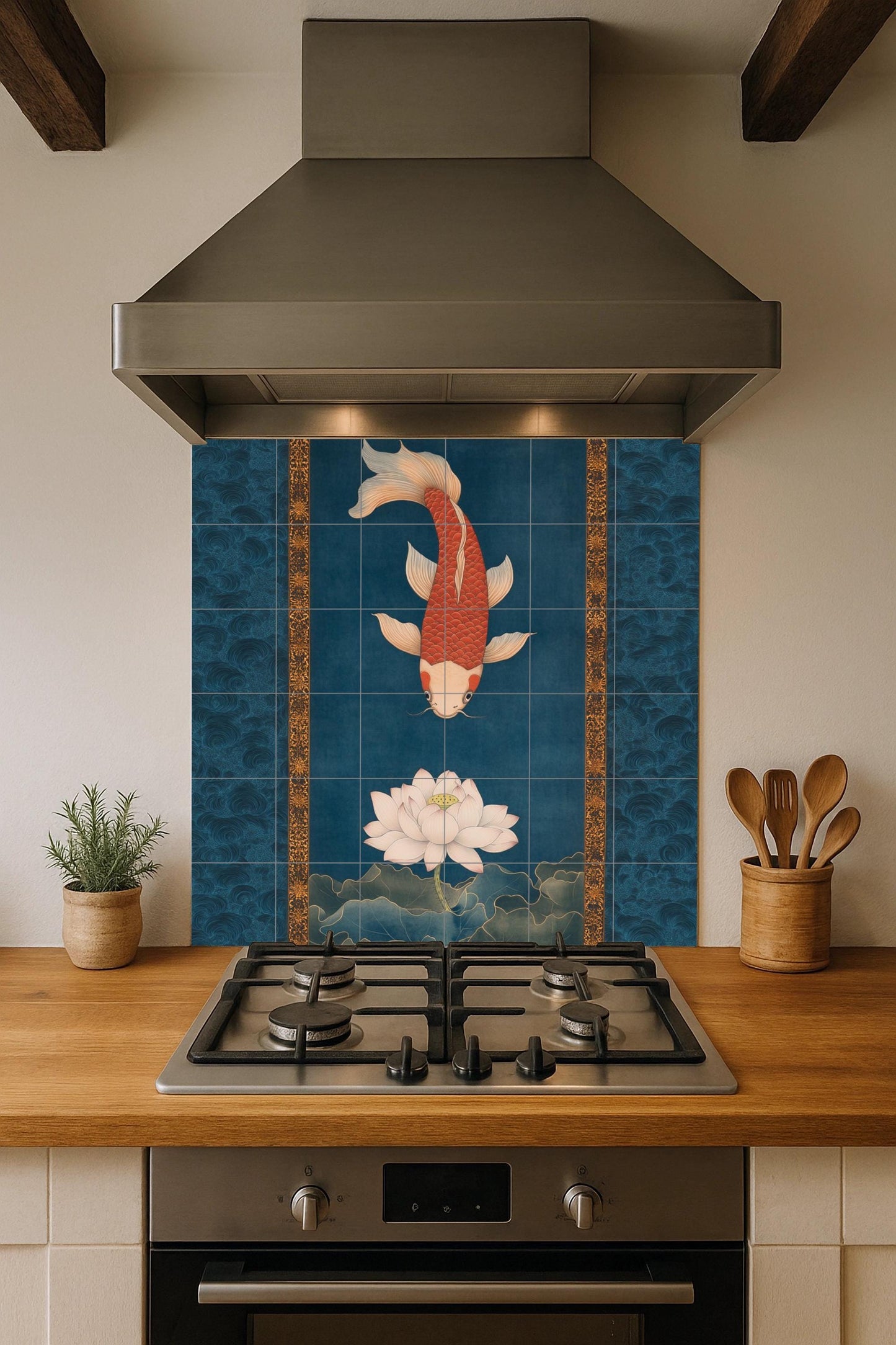 Fresque en Carrelage Loto et koi — Décor Jardin et Nature