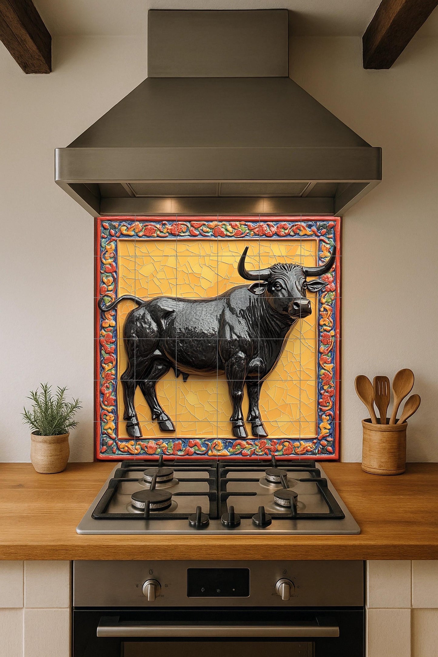 Mural cerámico de un toro majestuoso