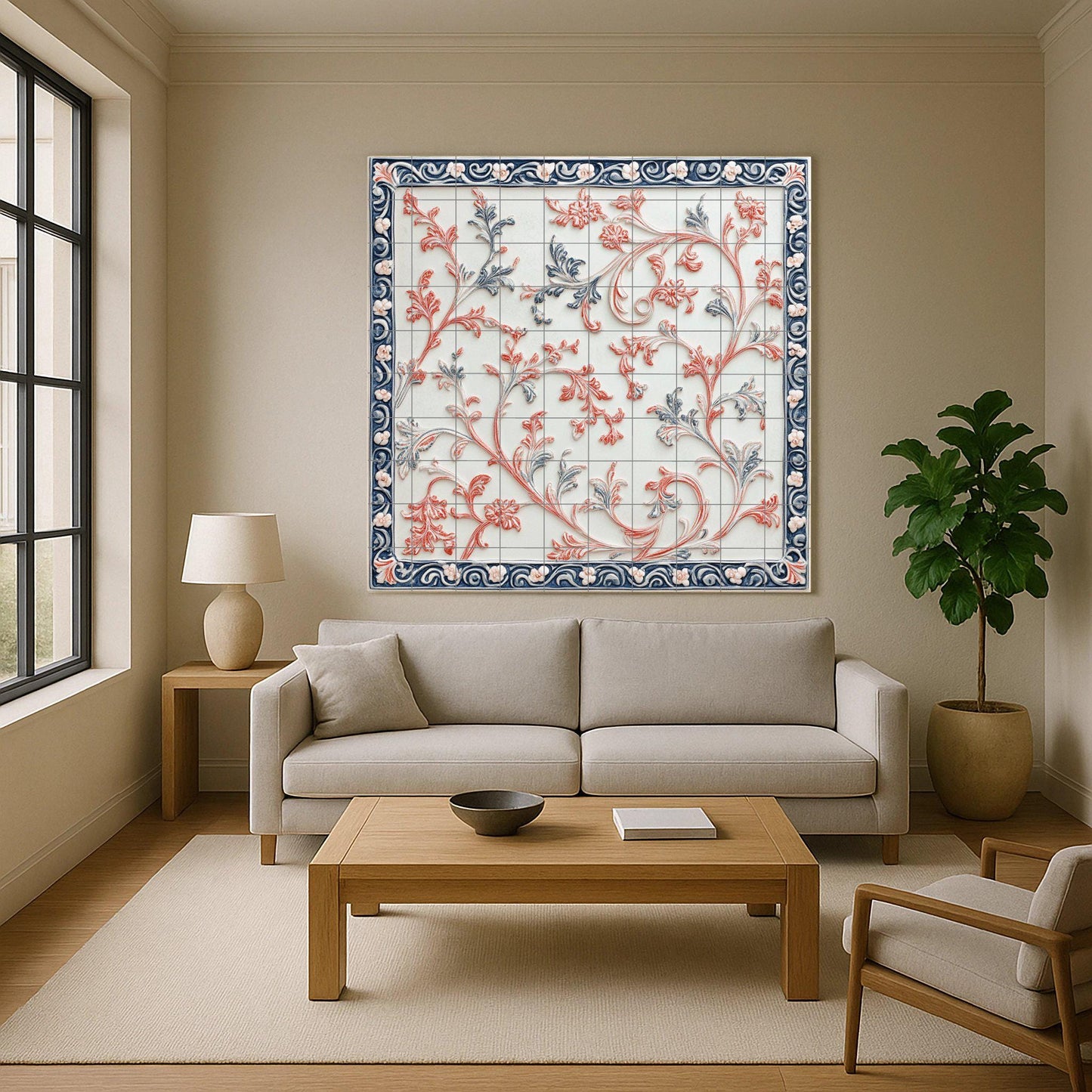 Elegante mural de cerámica con volutas botánicas — Paysage Botanique, Art Mural en Céramique
