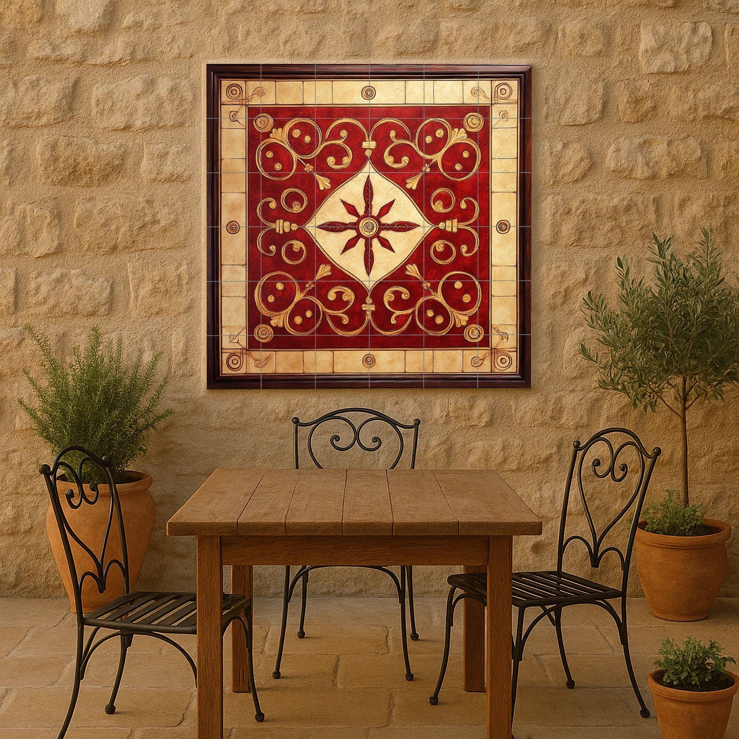 Fresque en Carrelage Cerámica Ornemental Rouge et Doré — Fresque à Motifs Décoratifs
