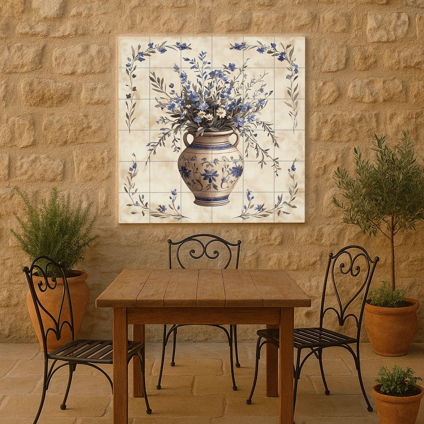 Ceramic Tile Mural: Cerámica with Vase Floral Blue — Nature Wall Art