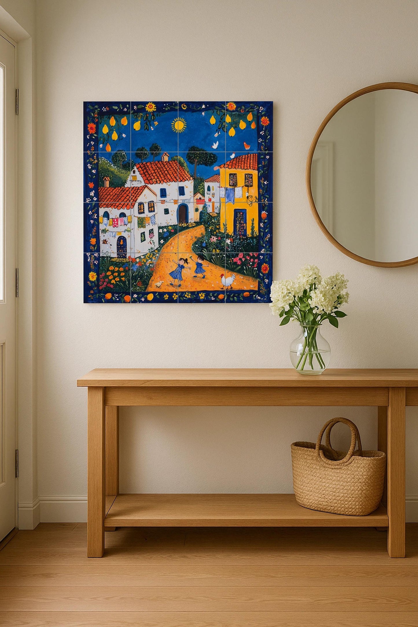 Cerámica de arte naif portugués con casas con techo de terracota — Countryside Kitchen Art · Tile Wall Art