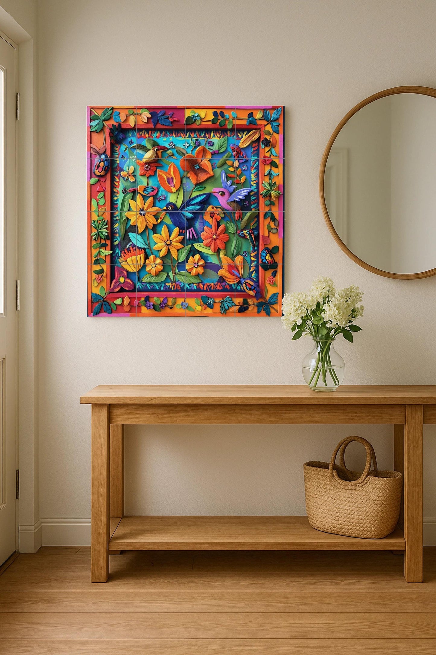 Ceramic Tile Mural: Cerámica of Art Folk Mexican with Birds and Flowers tropicales — Garden & Scenery Décor