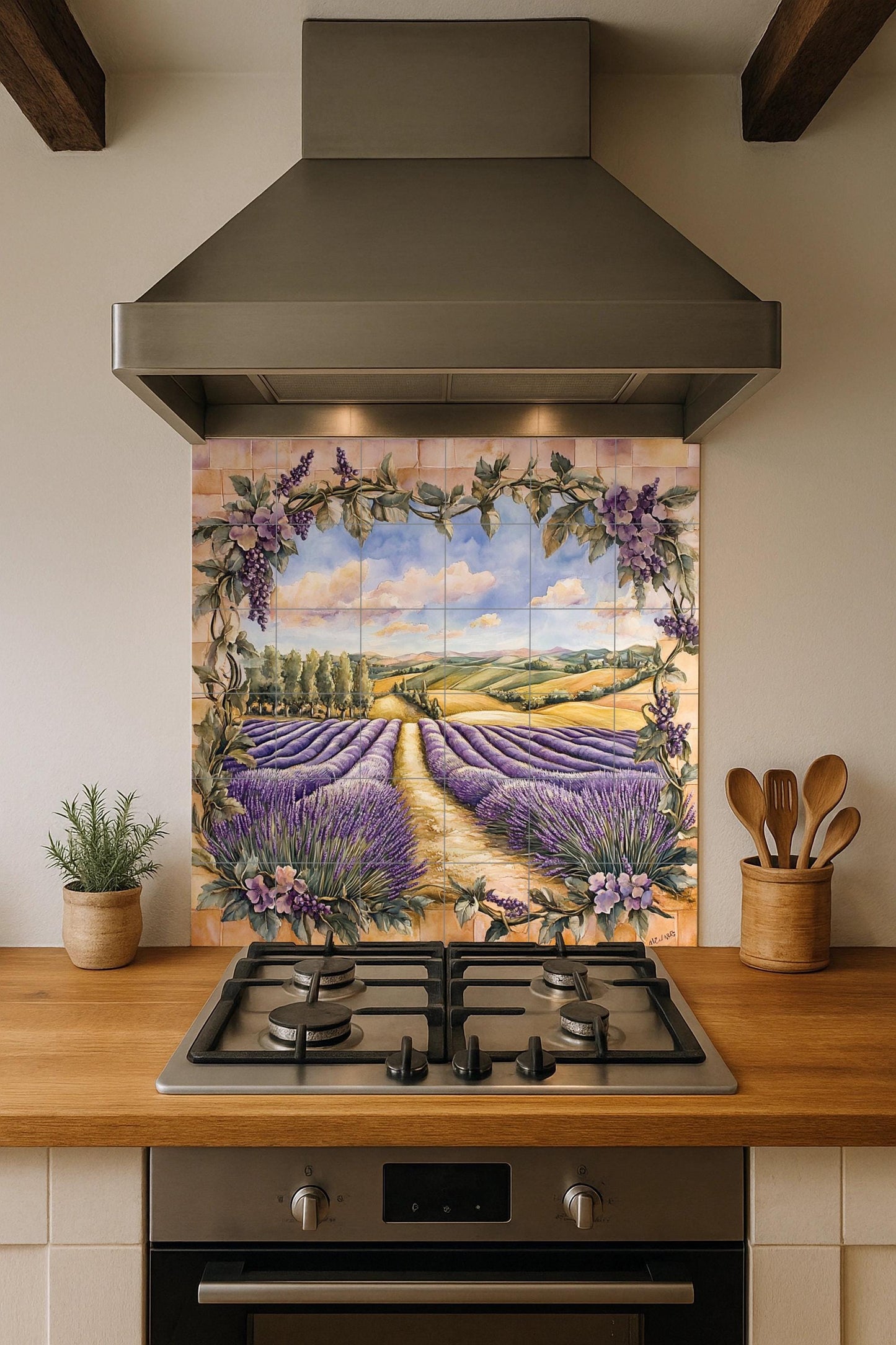 Murale in Piastrelle Con Campagna di Lavanda e Cornice di vides di la Toscan — Paesaggio Botanico
