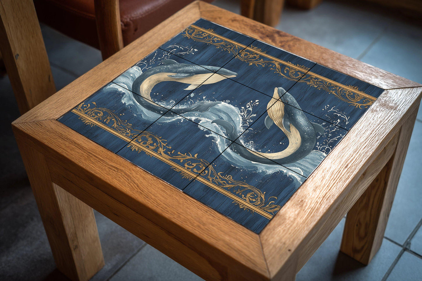 Ballena Bleu avec Vagues du Océan et Bordure orname — Fresque Murale en Carreaux de Céramique · Art Marin et Côtier