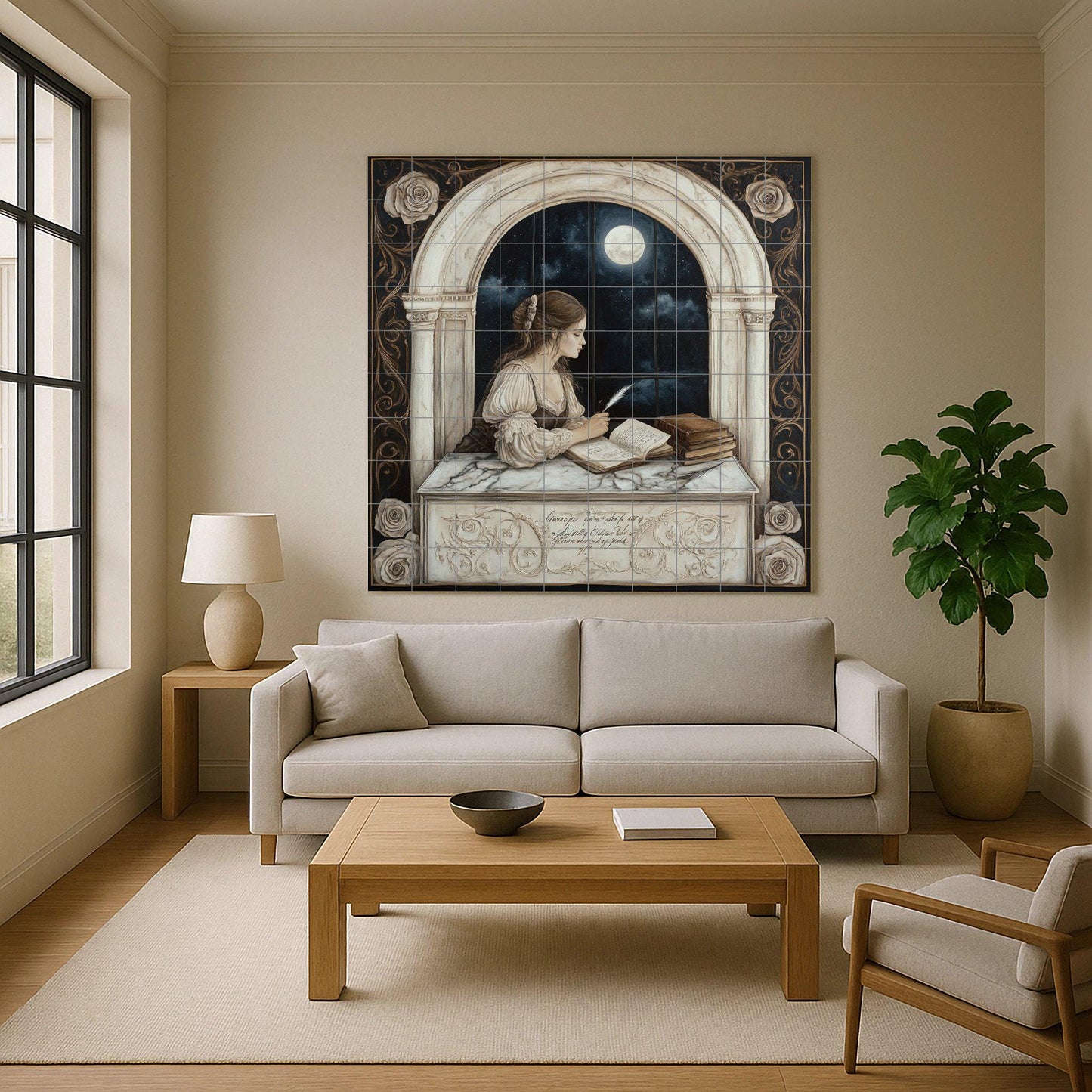 Romántico de cerámica de una dama escribiendo junto a una ventana ilumi · Keramik-Wandbild — Ornamentales Wandpaneel