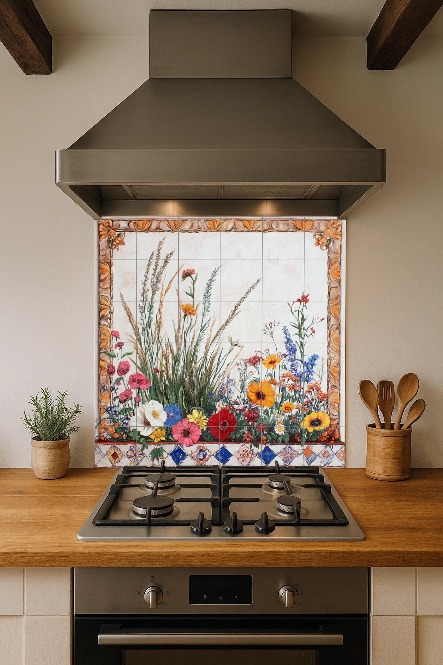 Borde de prado de flores silvestres, tallos — Fliesen-Wandbild aus Keramik · Garten- & Natur-Dekor