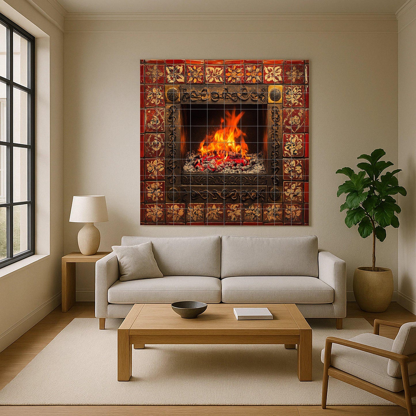 Chimenea encendida y llamas brillantes, bor · Keramik-Wandbild — Volkskunst-Dekor