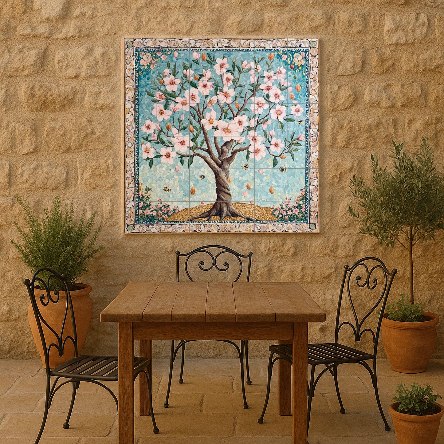 Flor de almendro persa con abejas y borde de m — Nature Wall Art · Ceramic Tile Mural