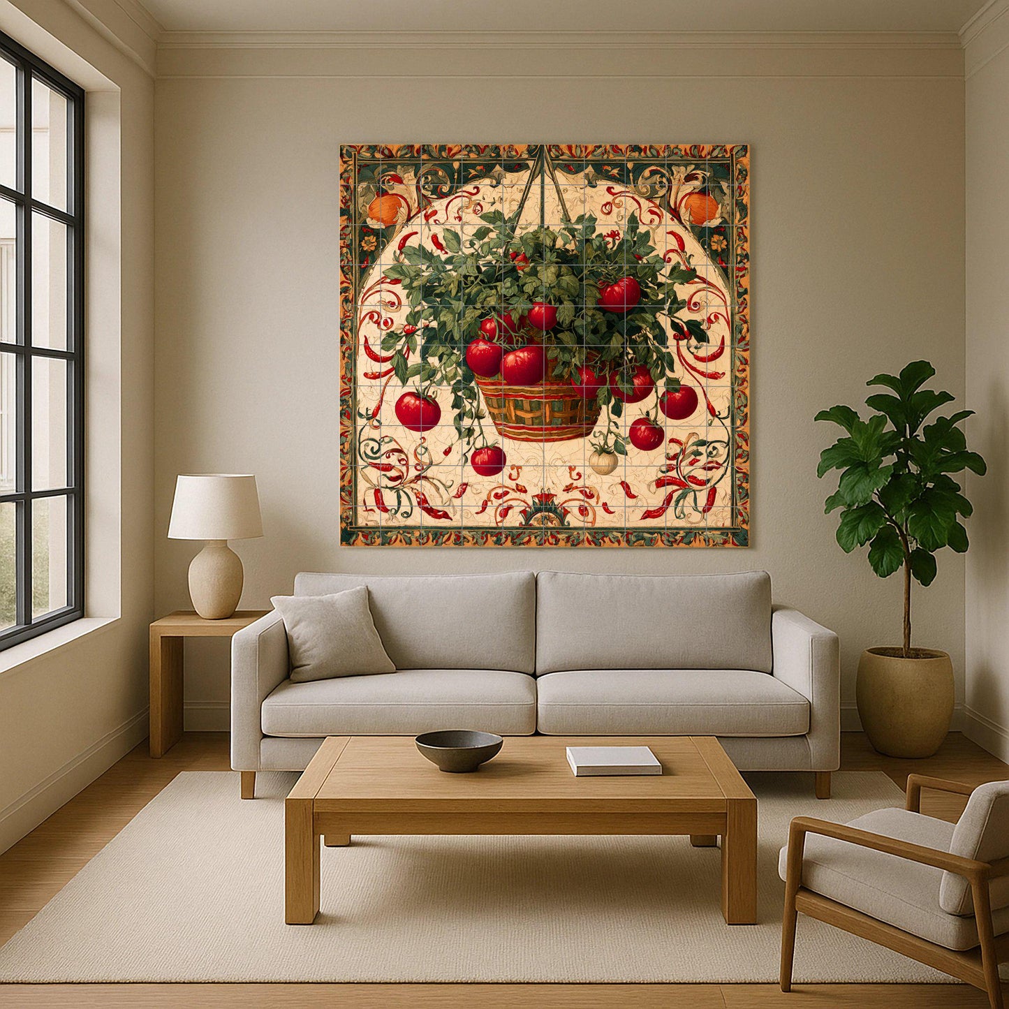 Italiana rústica con cesta de tomates colgante — Rustikale Bauernhaus-Kunst, Wandkunst aus Keramikfliesen