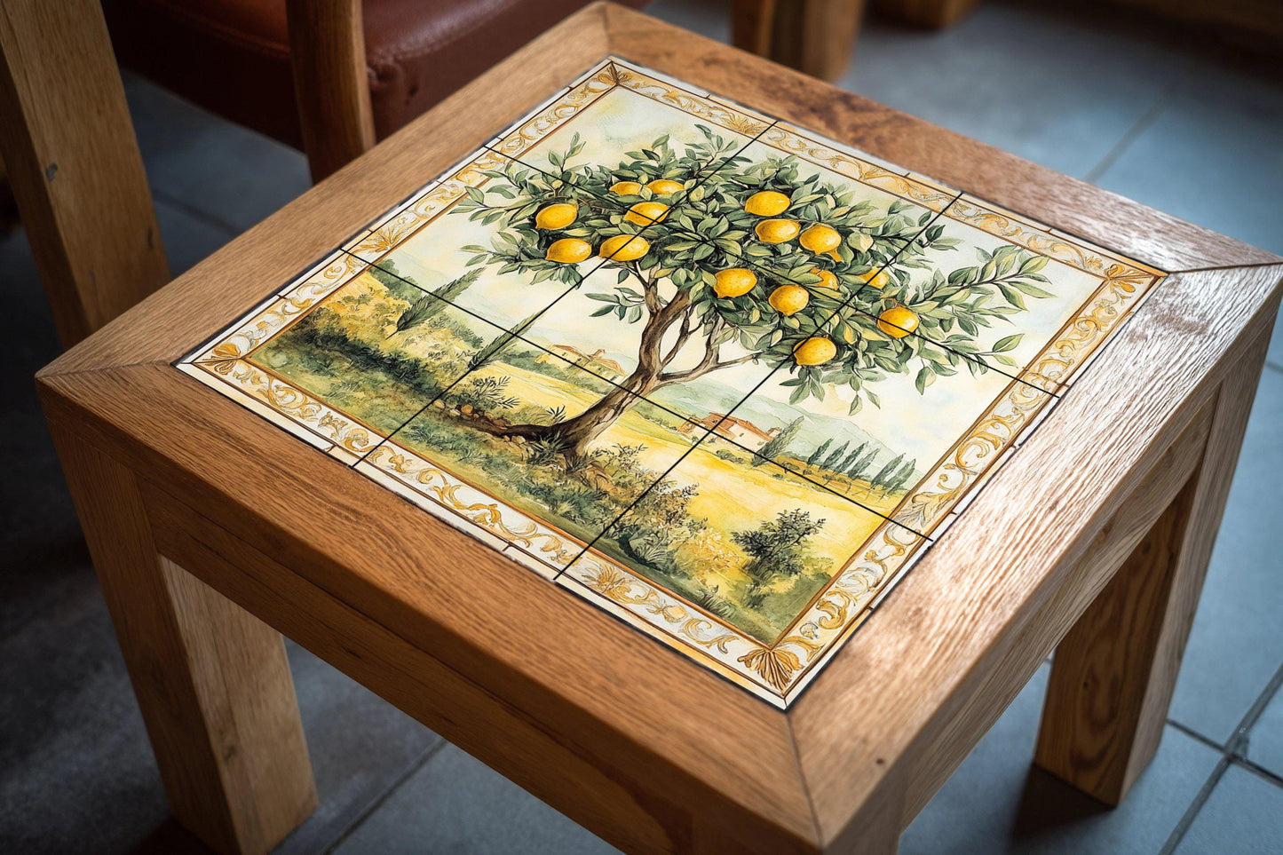 Fliesenbild Limonero con paisaje toscano y borde dorado, ar — Küchen- & Landszene