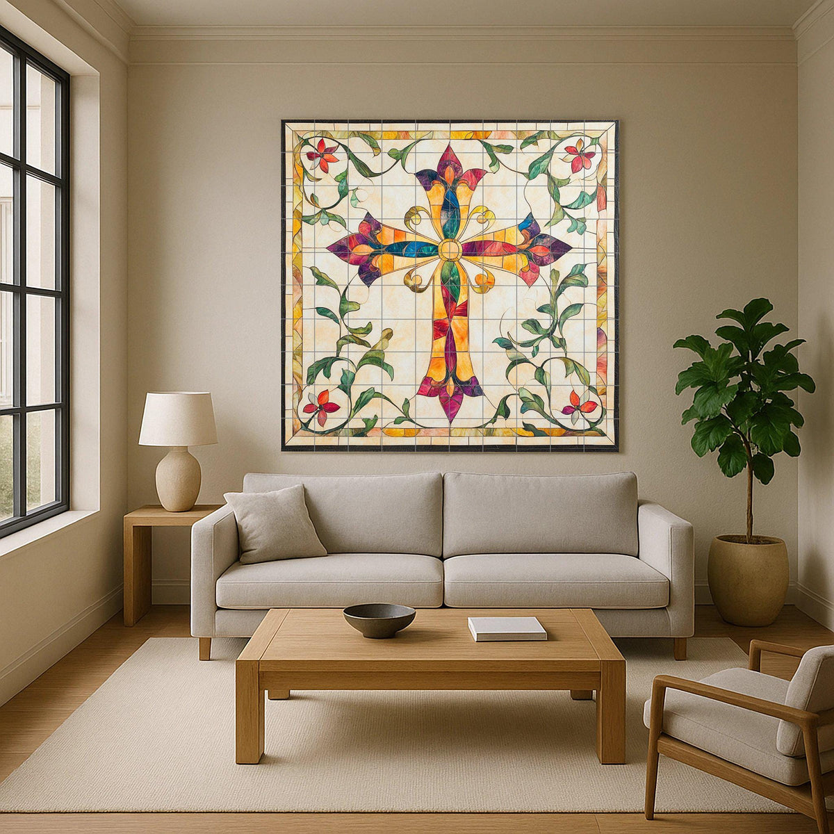 Mural de pared de cerámica con forma de cruz de colores con adornos…