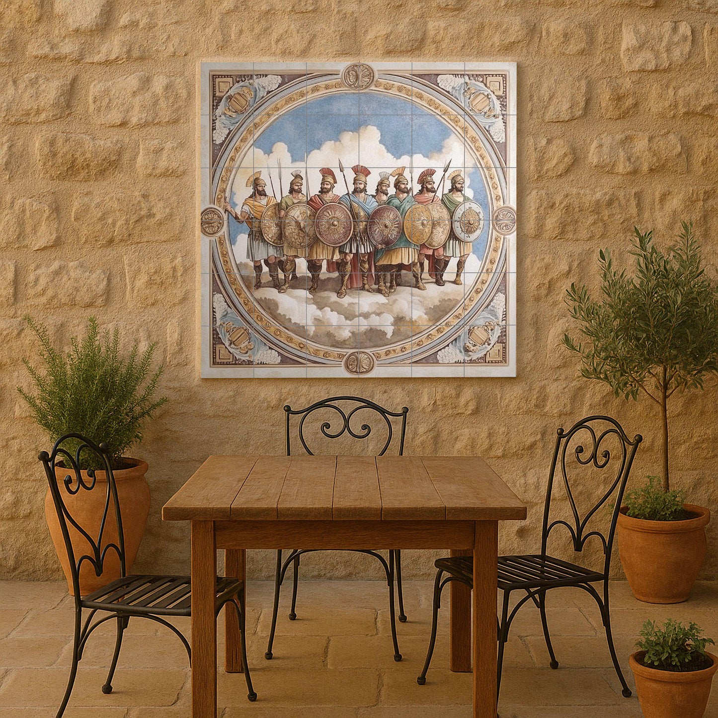 Mural de pared de cerámica de guerreros antiguos con soldados romanos…
