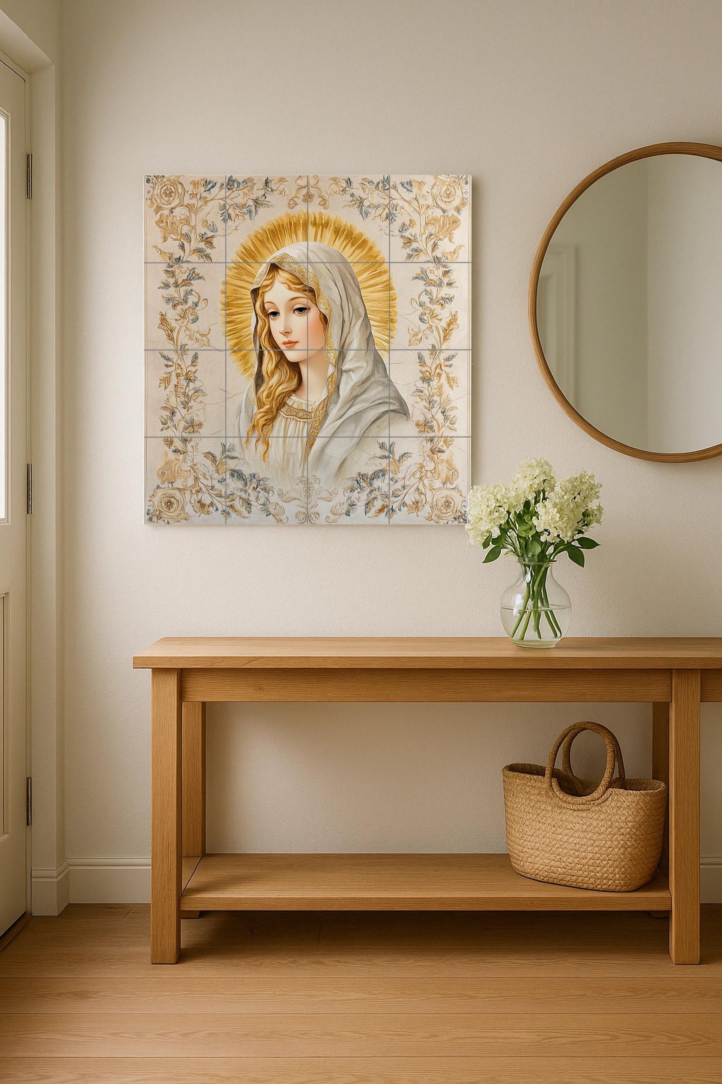 Mural de pared de cerámica de la Virgen María con halo dorado y…