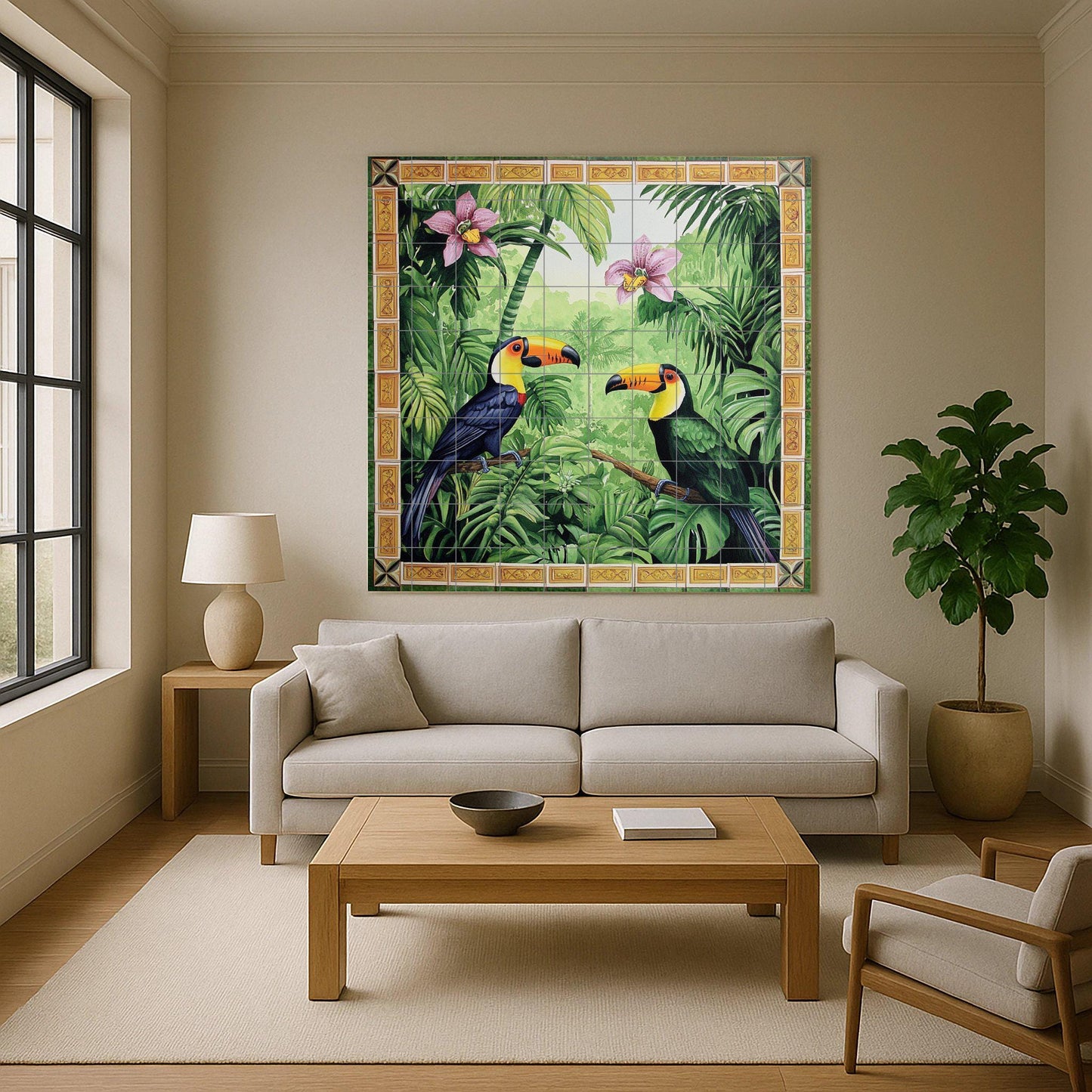 Mural de pared de cerámica con diseño de jungla tropical de tucán con…