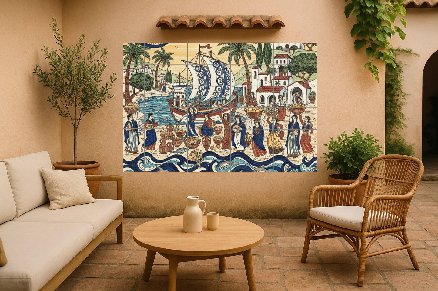 Festival de la Récolte Mediterránea — Scène de Cuisine et Campagne, Art Mural en Céramique