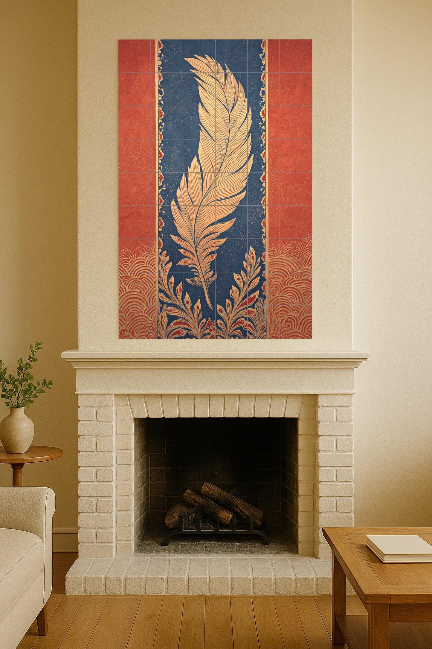 Elegía de Plumas Dorées — Fresque Murale en Carreaux de Céramique · Panneau Mural Ornemental