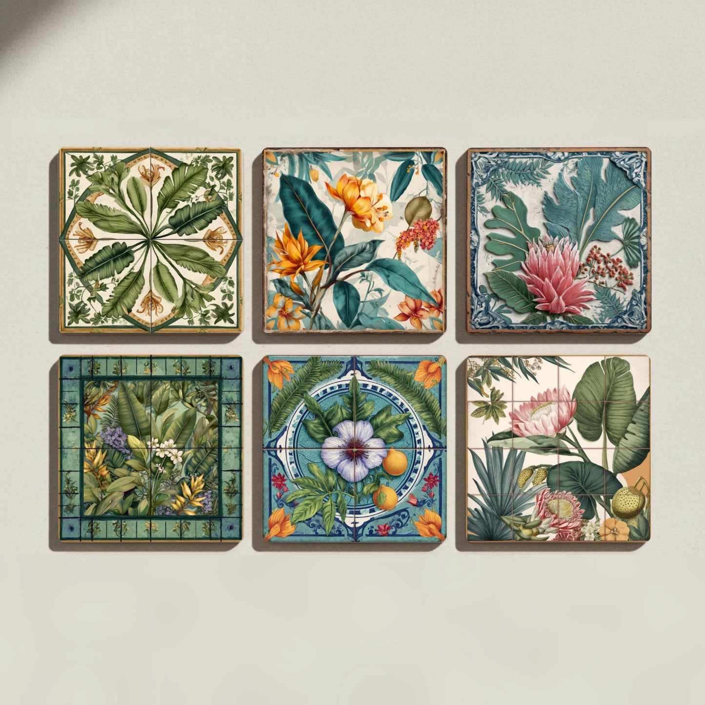 Botánica con decoración Floreale Tropicale — Set di Sottobicchieri in Ceramica · Decoro Botanico da Tavola