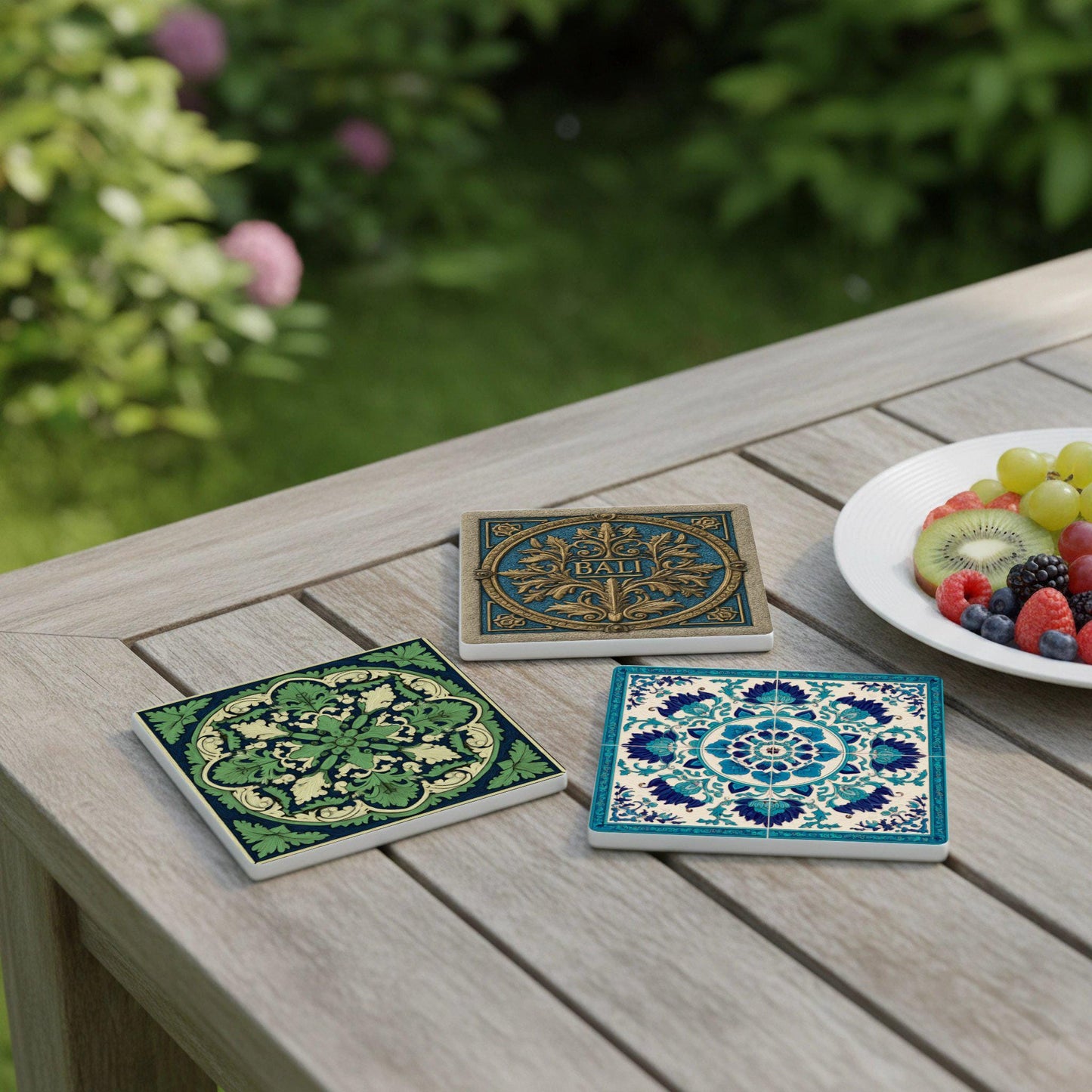 Diseño Floral balinés — Ceramic Coaster Set · Garden-Inspired Gift