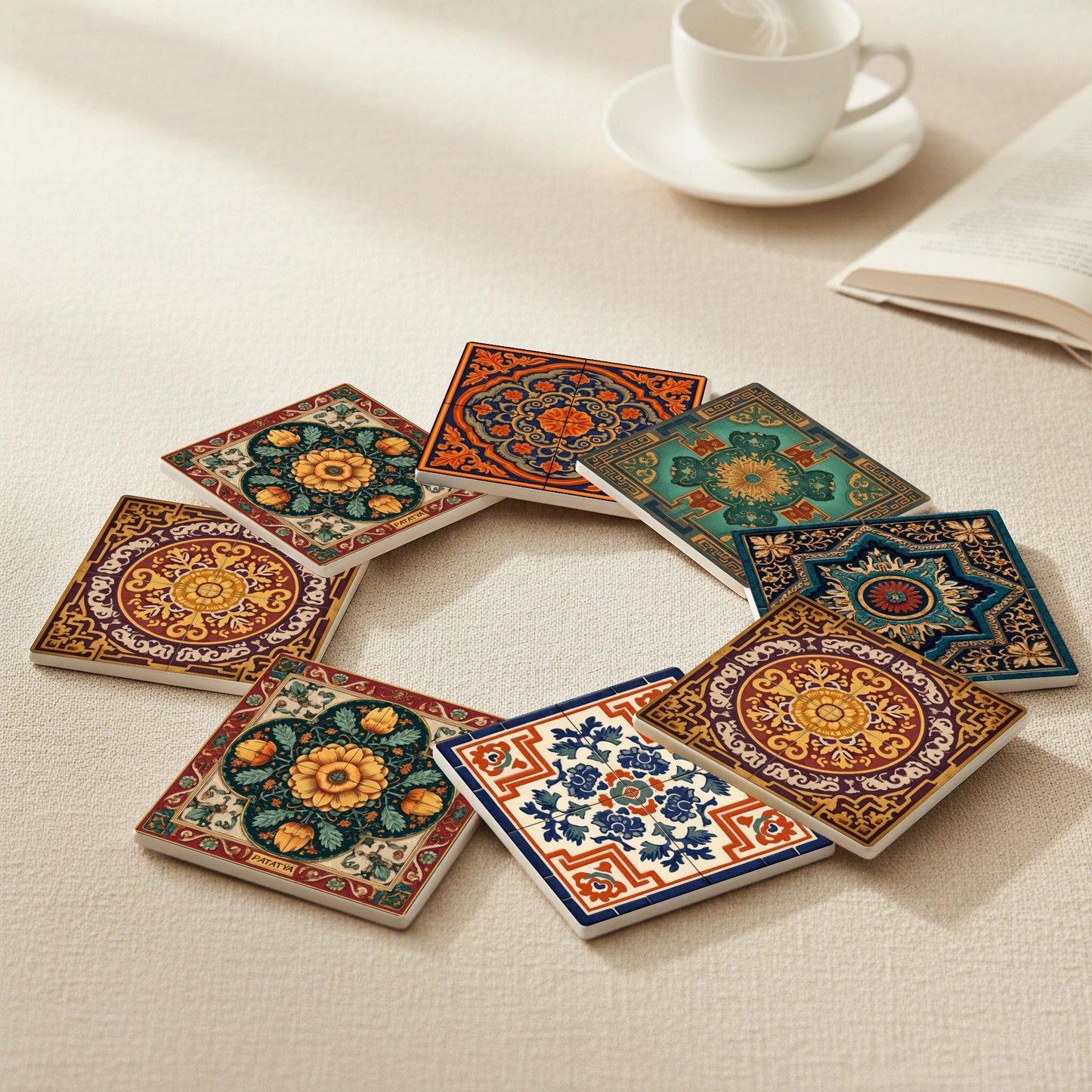 Posavasos Mediterránea con tonos tierra intensos, motivos florales ornamentales