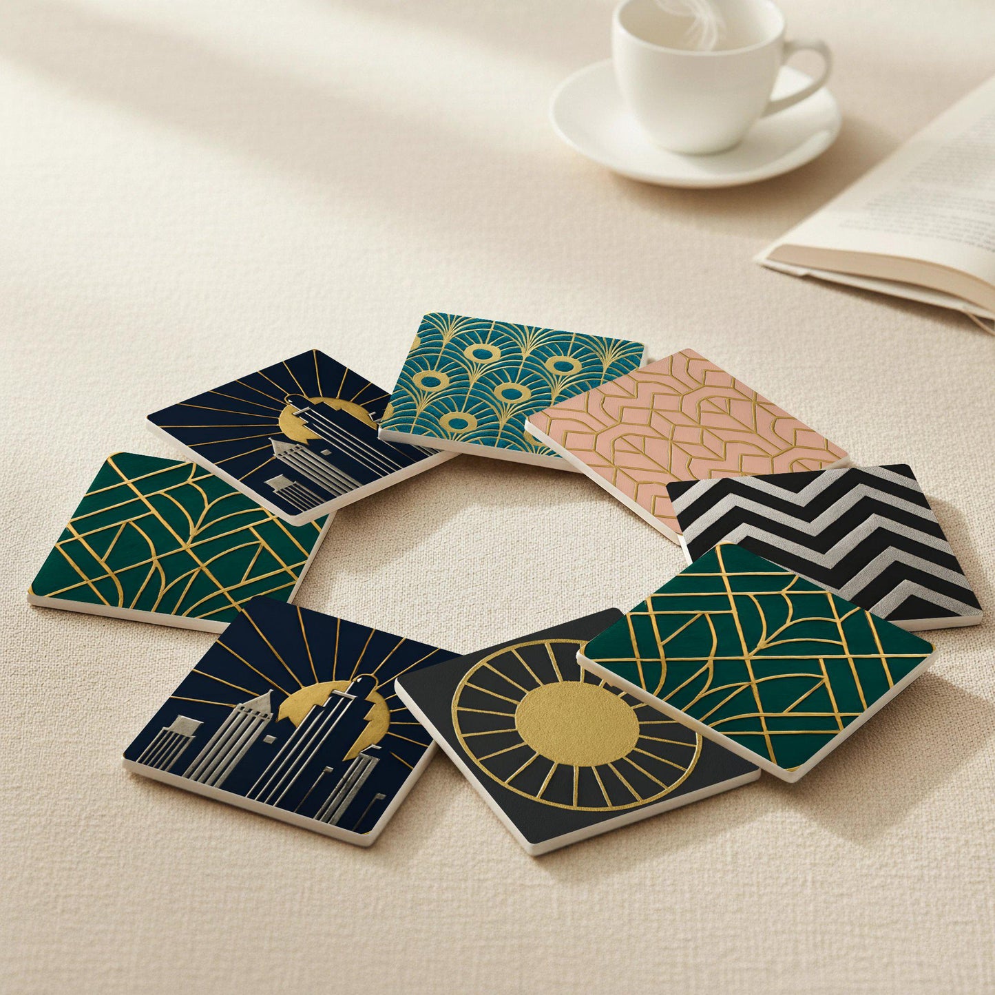 Ceramic Coasters Art Déco / Decoración de mesa con detalles geométricos dorados — Design-Lover's Table Set