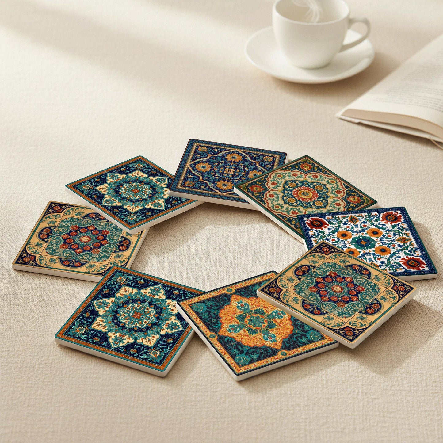 Keramik-Untersetzer Qajar mit diseño von Medaillon Floral Persisch — Botanisches Tisch-Dekor