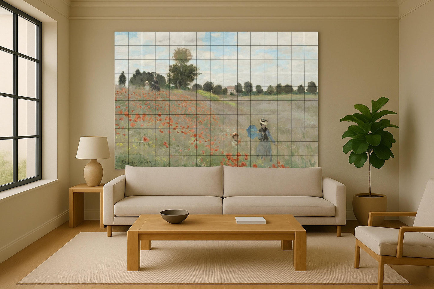 Mural de azulejos de cerámica con temática de campo de amapolas