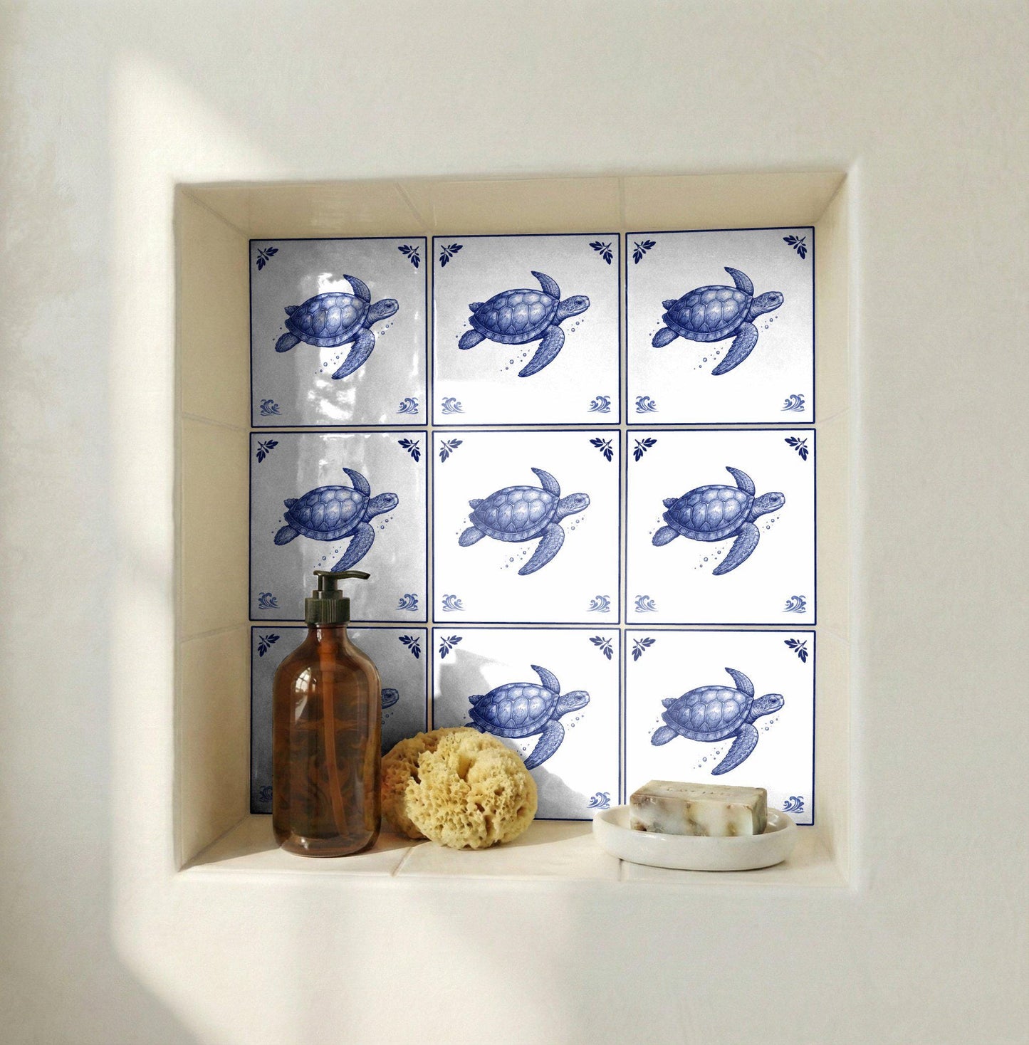 Maldives Sea Turtle · Ceramic Wall Tile — Delft Blue Style