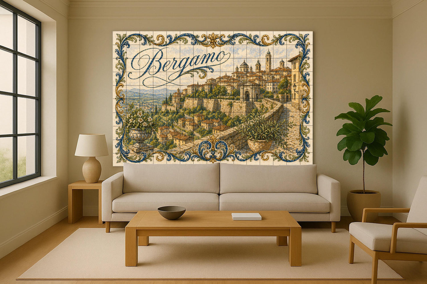 Mural de azulejos de cerámica de Bérgamo, Italia, arte mural de…