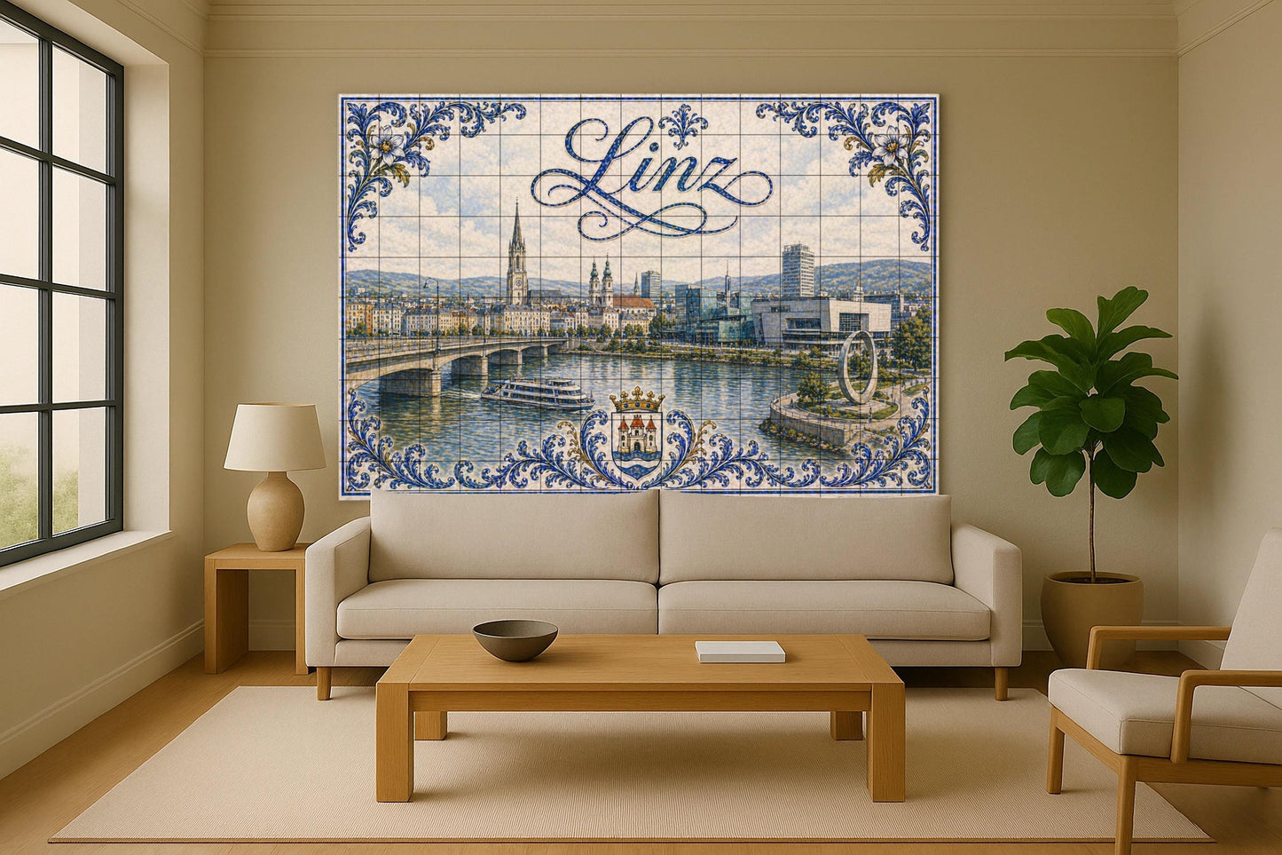 River Danubio in Linz, Austria, with the modern · Ceramic Wall Mural — Landmark Mural