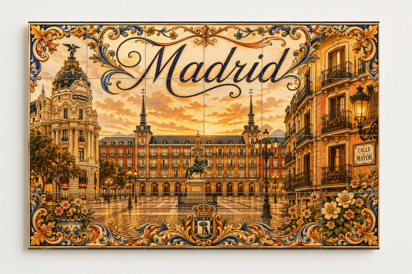 Mural de azulejos de cerámica de la Plaza Mayor de Madrid, decoración…