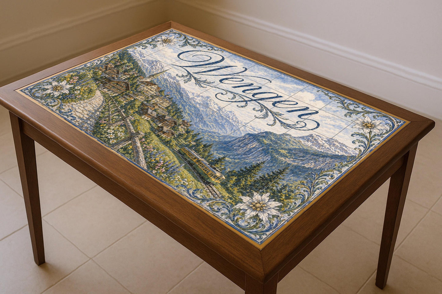 Mural de azulejos de cerámica de Wengen, Suiza, arte mural de pueblo…