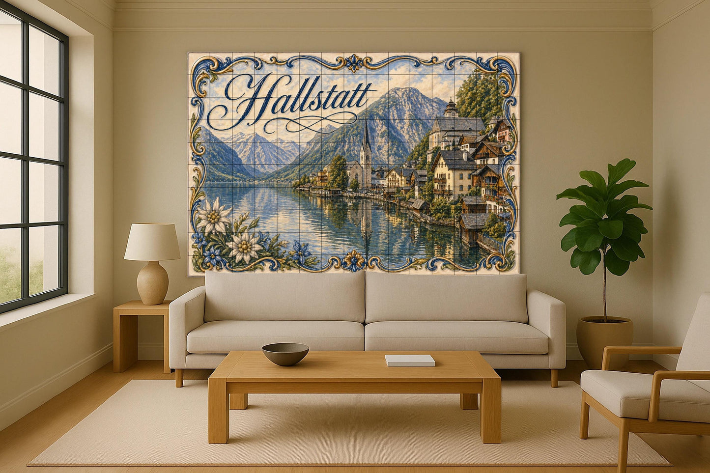 Hallstatt, Dorf Alpin am am See in · Keramik-Wandbild — Wahrzeichen-Wandbild