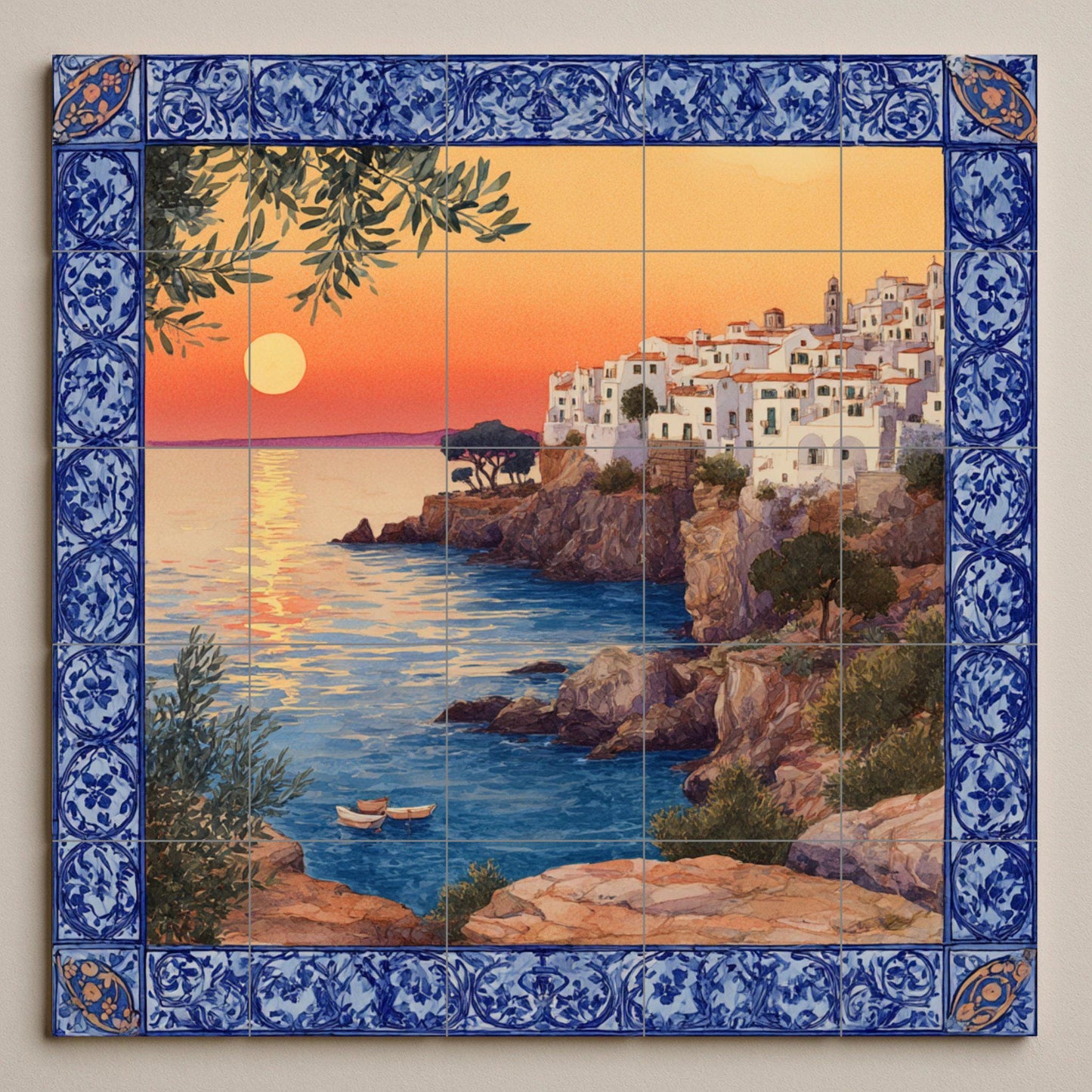"Coucher de Soleil Méditerranéen — Fresque Murale en Carreaux de Céramique · Scène de Bord de Mer