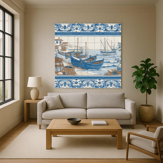 Mural de azulejos con barcos pesqueros mediterráneos