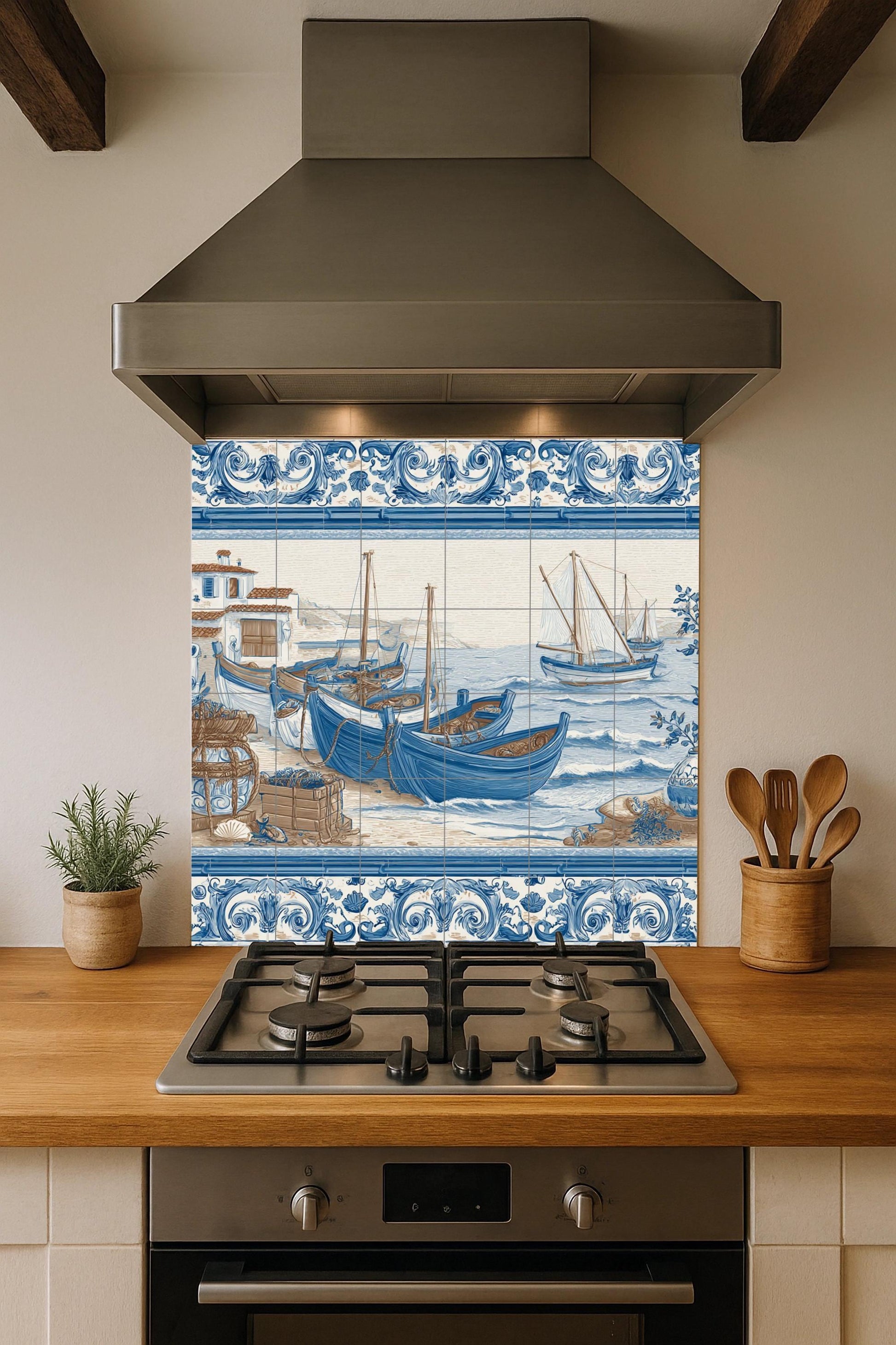 Con barcos pesqueros mediterráneos — Seaside Scene · Ceramic Tile Mural