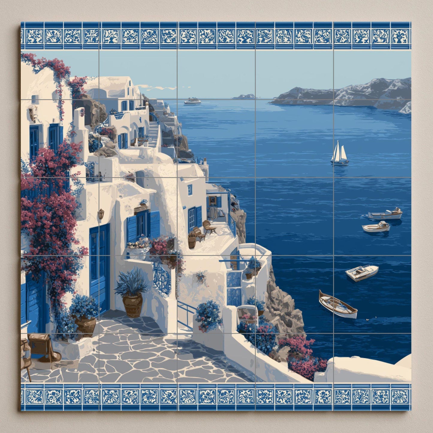 Fresque en Carrelage Côtier de Santorini — Décor Mural Nautique