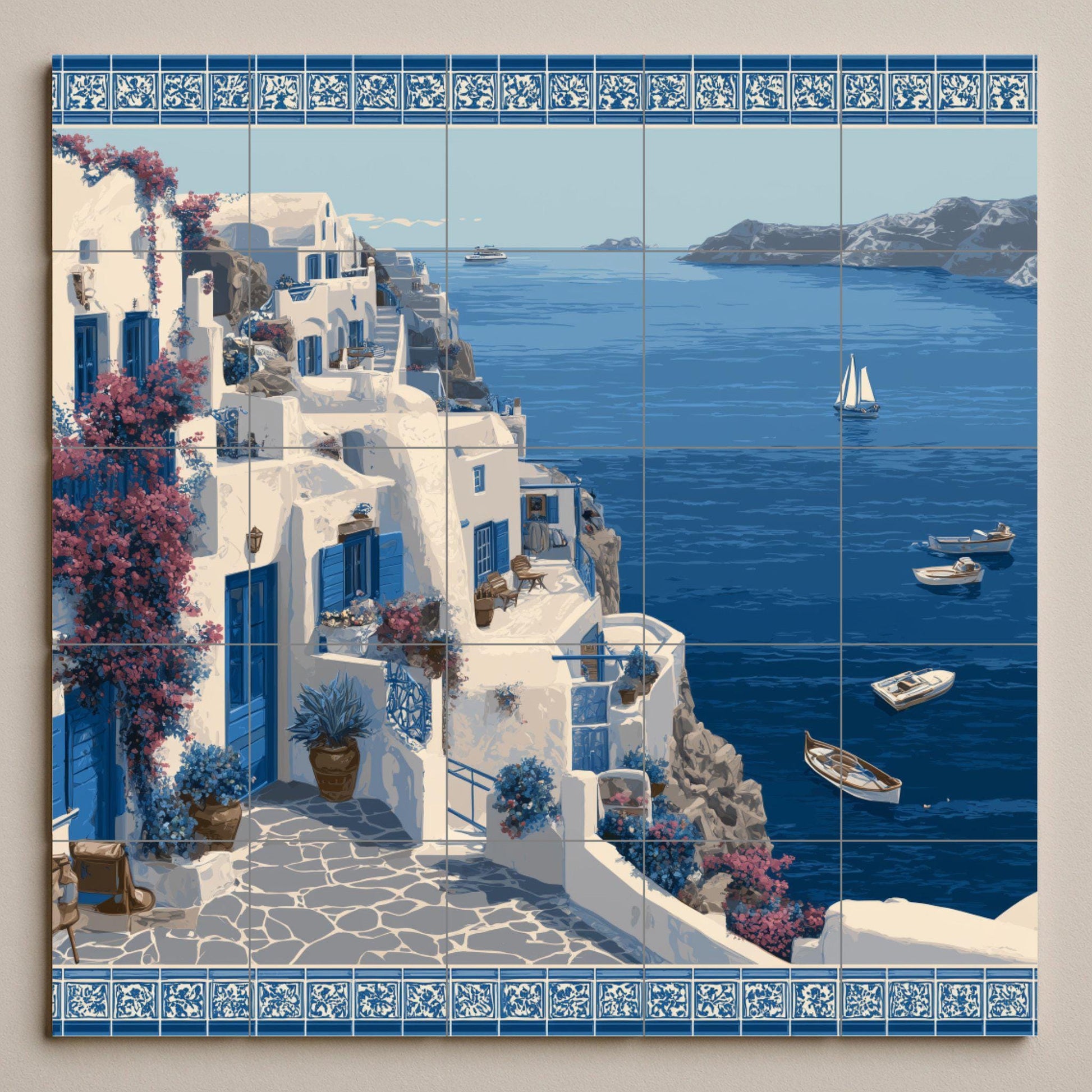 Fresque en Carrelage Côtier de Santorini — Décor Mural Nautique