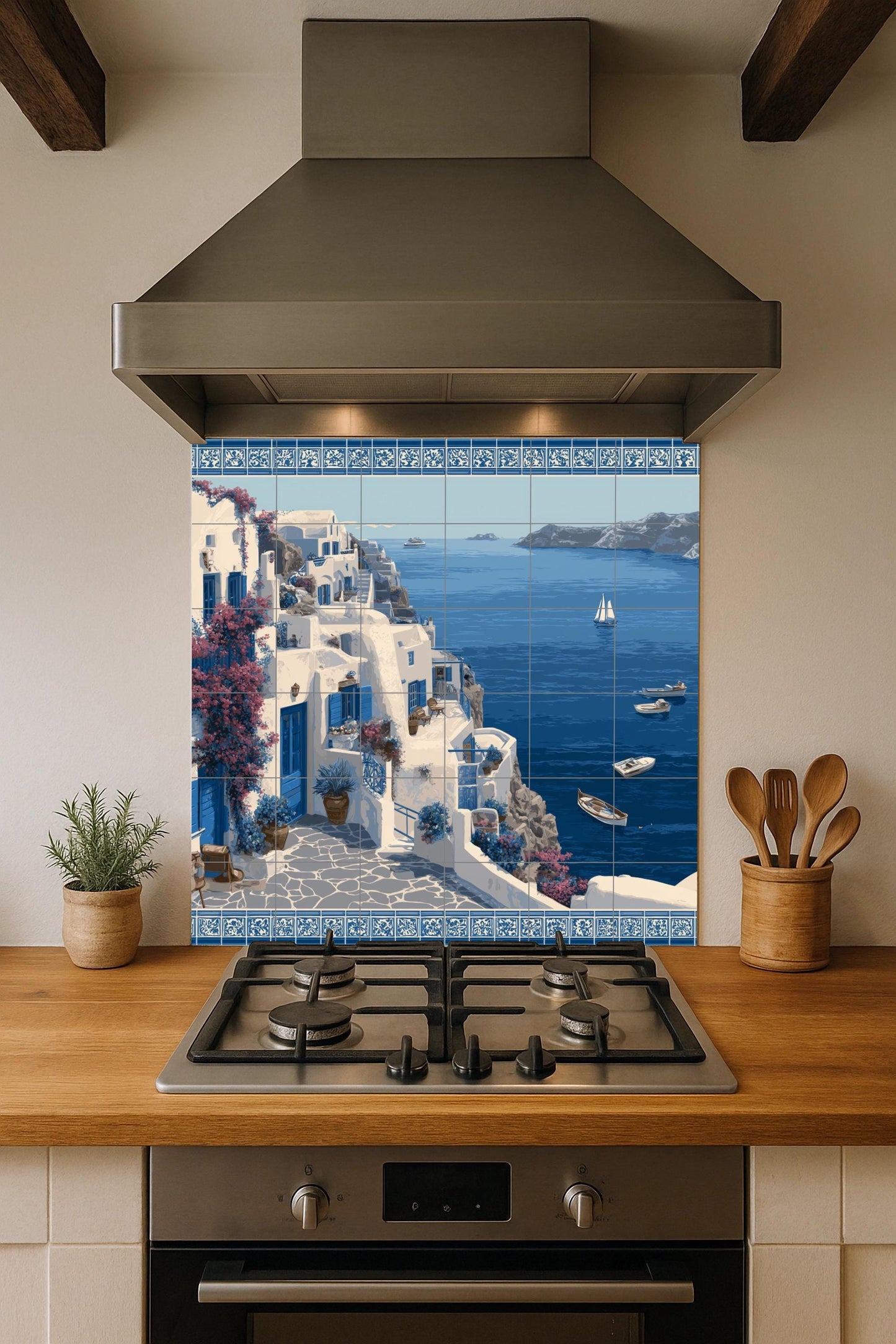 Fresque en Carrelage Côtier de Santorini — Décor Mural Nautique