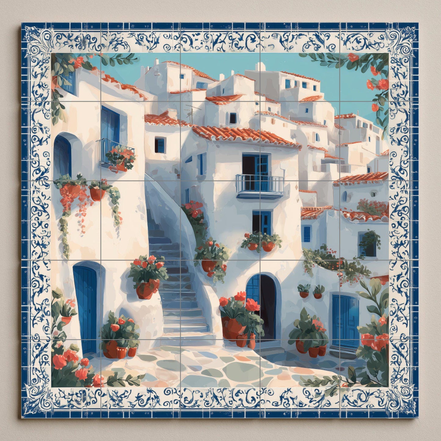 Mural de azulejos con escaleras de pueblo griego, escena de puerta…