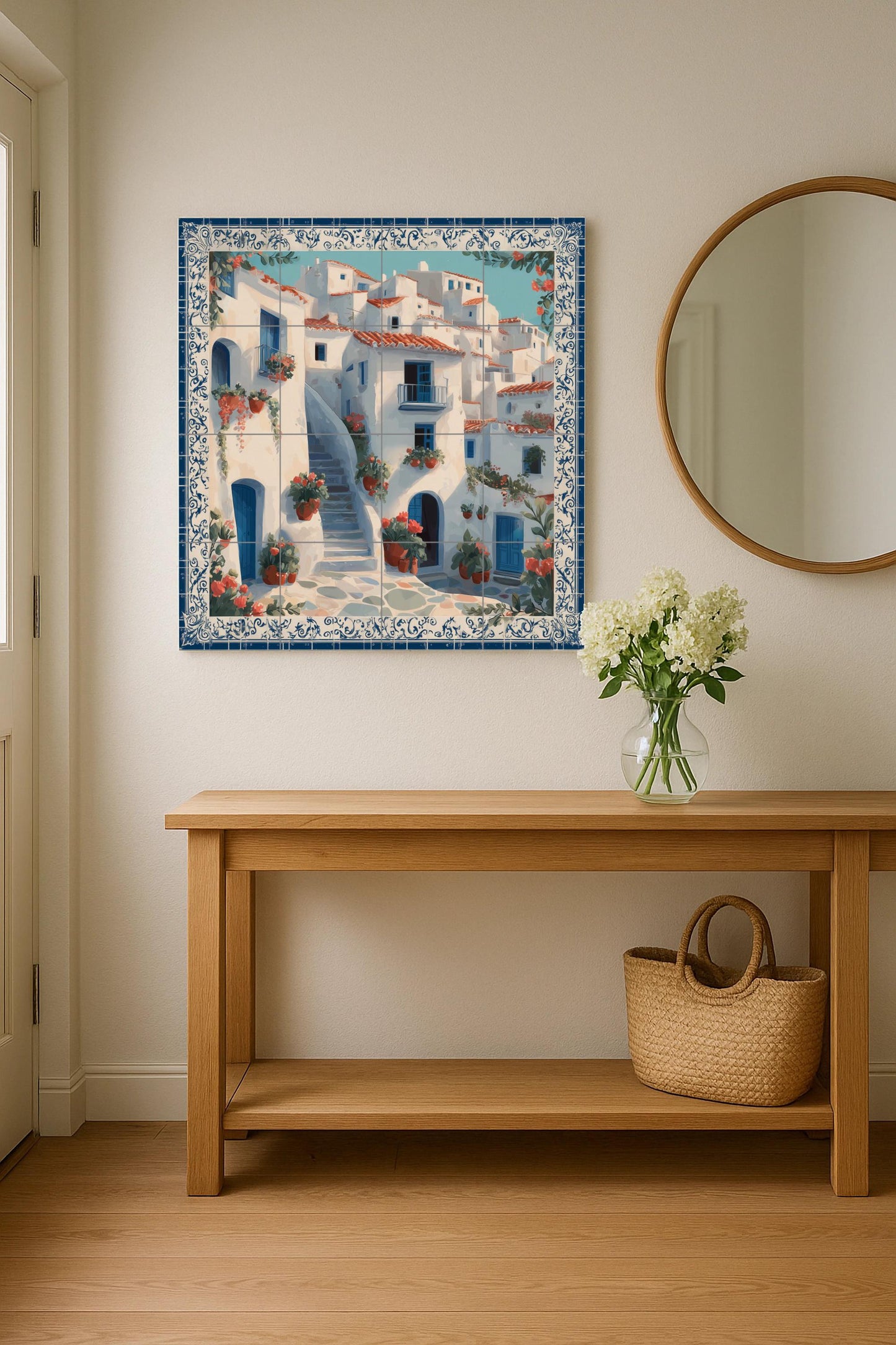 Mural de azulejos con escaleras de pueblo griego, escena de puerta…