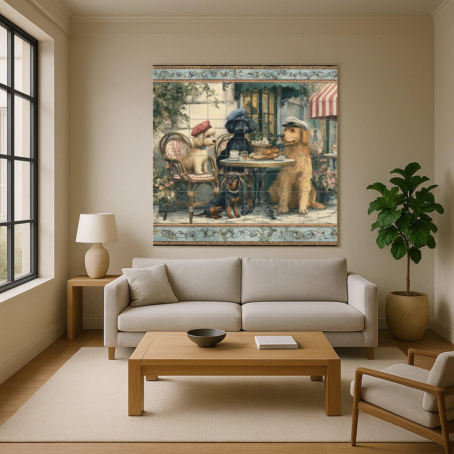 Perros en un café parisino · Fresque Céramique — Art Rustique de Ferme