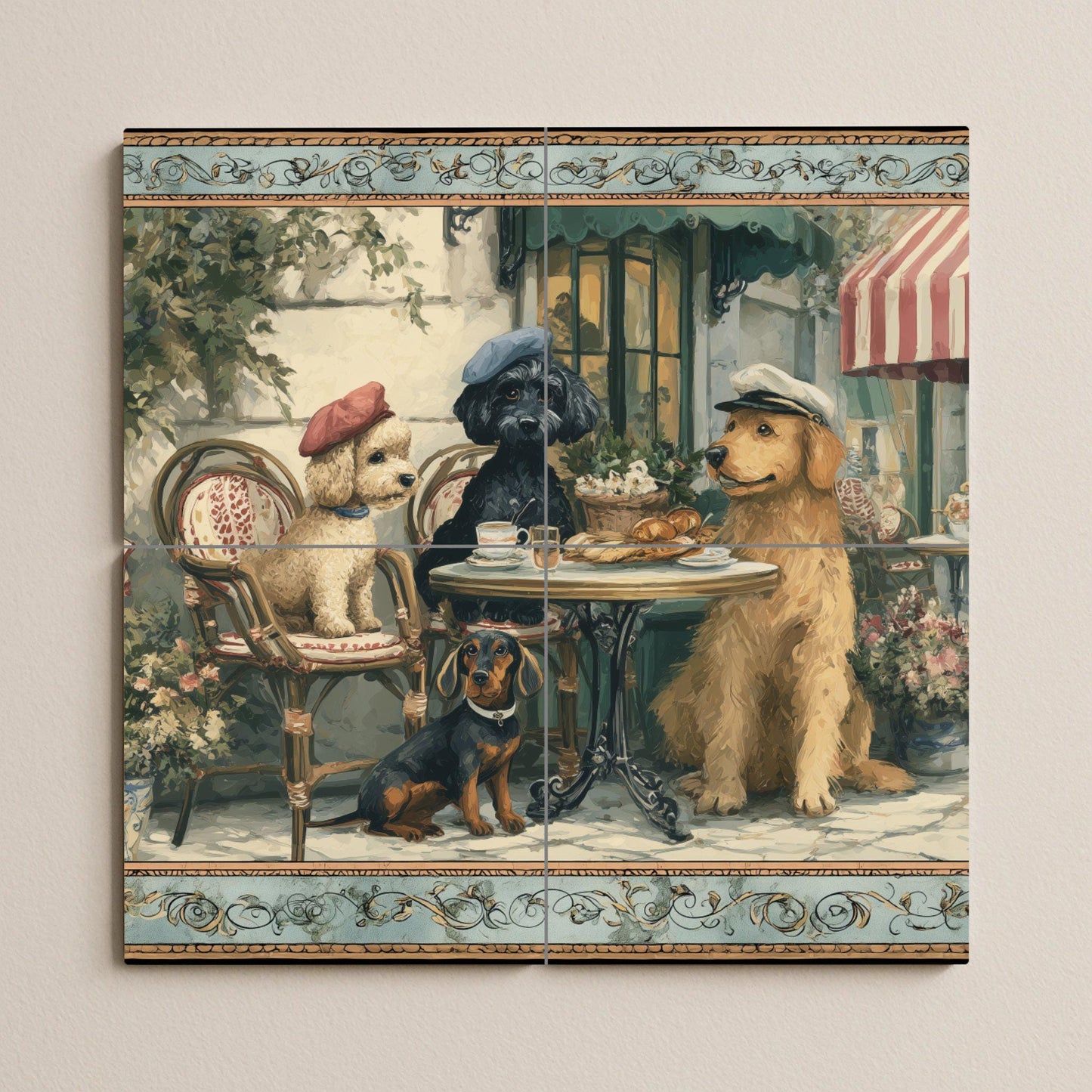 Perros en un café parisino · Fresque Céramique — Art Rustique de Ferme