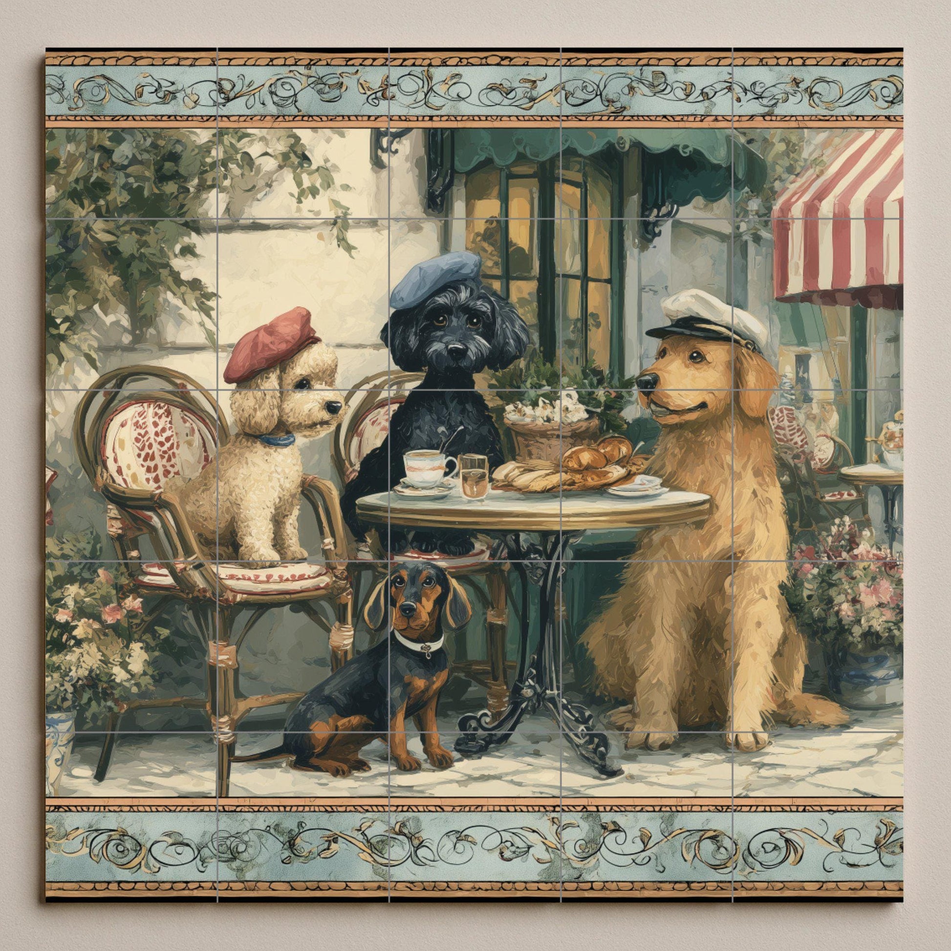 Perros en un café parisino · Fresque Céramique — Art Rustique de Ferme